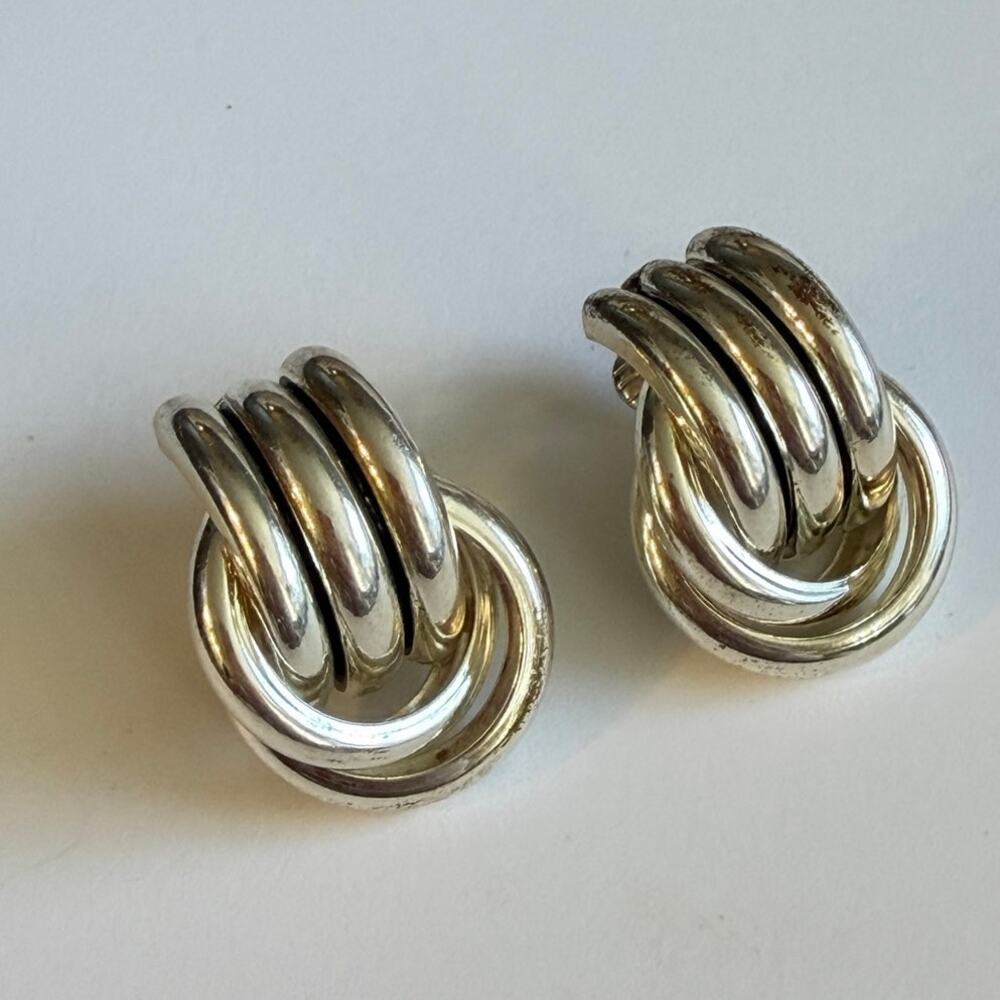 Vintage Silver Tone Knot Clip-On Earrings Retro 1980s–1990s